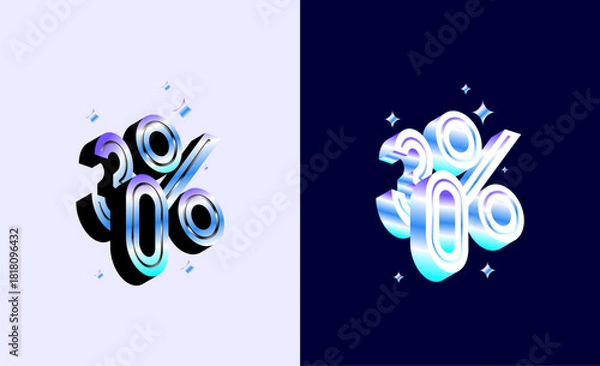 Fototapeta 3D Holographic precentage number 30, 30 percent discount hologram design with rainbow gradient. Promotional sale marketing design tamplate.