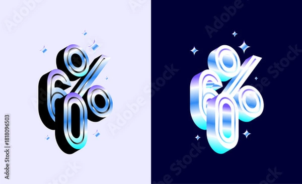 Fototapeta 3D Holographic precentage number 60, 60 percent discount hologram design with rainbow gradient. Promotional sale marketing design tamplate.