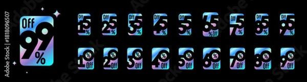 Fototapeta Holographic label card rectangle number discount collection. Include 10 20 30 40 50 60 70 80 90 15 to 95 and 99 percentage design template.
