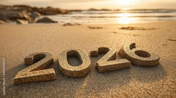 Fototapeta a scene featuring the year 2026 in bold golden 3d letters carved into smooth wet sand on a sunny beach happy new year happy new year 2026 merry christmas and happy new year 2026