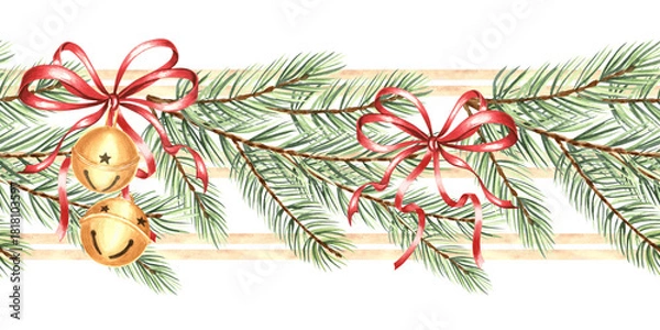 Fototapeta Christmas round jingle bells with bow and spruce branches, watercolor seamless border for festive desing. Hand drawn isolated illustration of metalic balls and pine for winter holiday card, textile.
