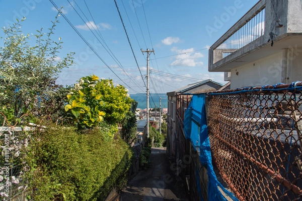 Obraz 快晴の空とエメラルドグリーンの海の見える街並みと下り坂