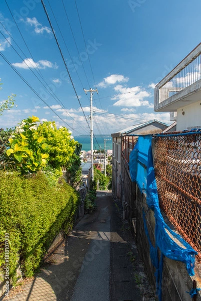 Obraz 快晴の空とエメラルドグリーンの海の見える街並みと下り坂