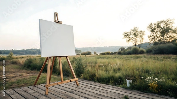 Fototapeta Easel with blank canvas in the middle of the field