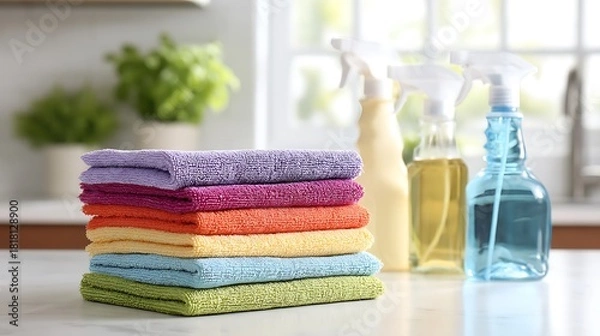Obraz Stack of colorful cleaning cloths with spray bottles on white surface