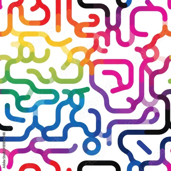 Fototapeta A seamless abstract pattern of thick, smooth, winding, interconnected lines in vibrant red, orange, yellow, green, blue, purple, pink, and black, against a transparent background, symbolizing global