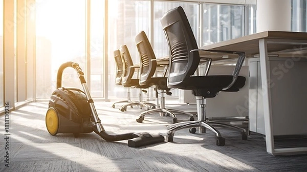 Obraz Vacuum cleaner in modern office with chairs and desk near window