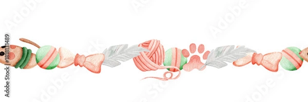 Obraz Cat toys: mouse, ball, bow, feather, ball, paws. Seamless watercolor border. Simple illustration in pastel colors.