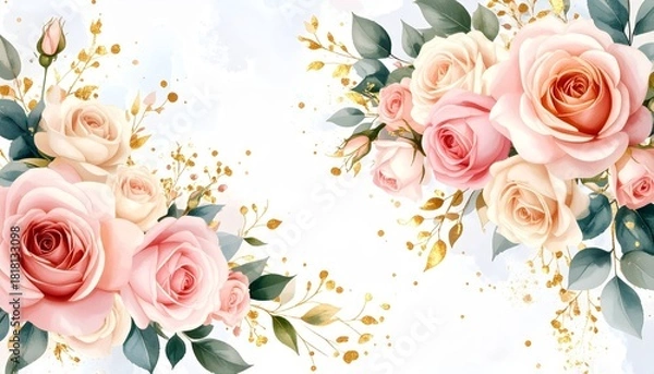 Fototapeta Exquisite two red roses green foliage and golden leaves artistically arranged on a deep blue canvas background.