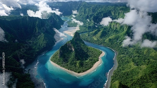 Fototapeta An aerial drone shot captures a breathtaking tropical landscape with dramatic green mountains, a winding turquoise river, and a sandy beach, under a partly clou
