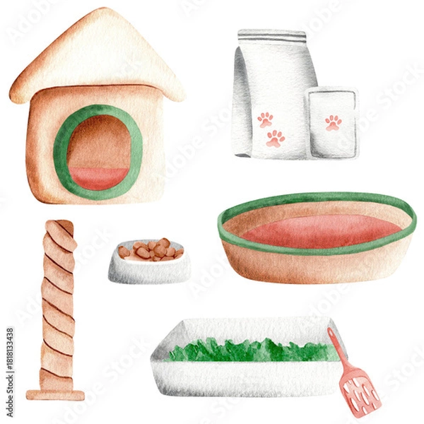 Obraz Cat supplies: house, bed, food bowl, food containers, litter box, scratching post. Simple watercolor illustration.