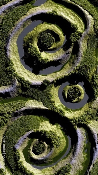Fototapeta An abstract, top-down view of a stylized landscape featuring concentric spiral patterns formed by water channels and textured green vegetation. The lighting cre