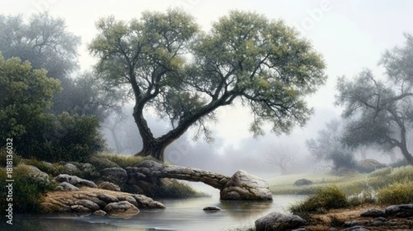 Fototapeta A serene natural landscape featuring a large, ancient tree with gnarled branches arching over a calm stream. A natural rock bridge crosses the water, connecting