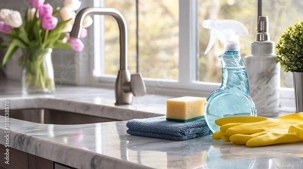 Obraz Cleaning supplies sit on a marble countertop next to a kitchen sink