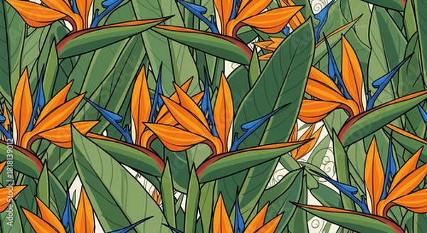 Obraz Seamless pattern of vibrant bird of paradise flower and leaf