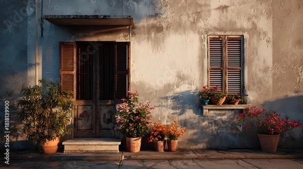 Obraz Facade of an old building with flowers and weathered shutters in warm light