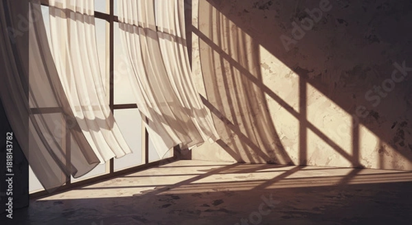 Obraz Sunlight streaming through sheer curtain casting dramatic shadow on wall