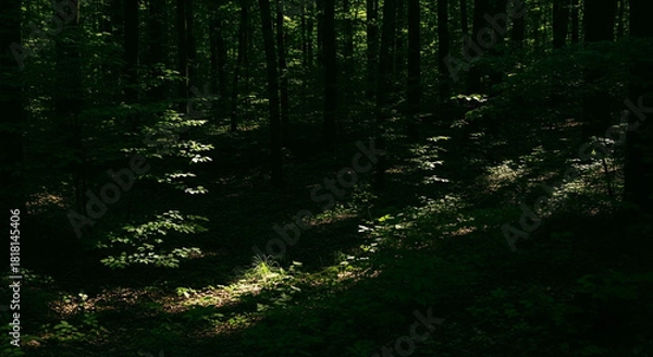 Obraz Sunlight filtering through dense forest canopy onto dark undergrowth
