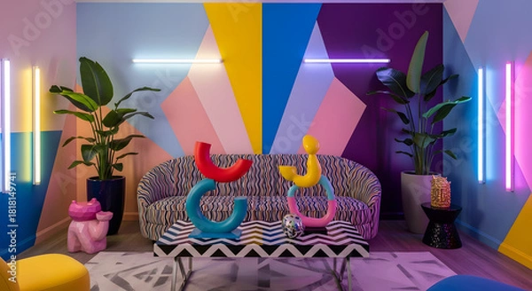 Obraz Bold colorful geometric living room interior with modern art and vibrant lighting offers a creative and imaginative space for design inspiration