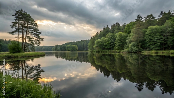 Fototapeta Dramatic sunset over calm forest lake reflection