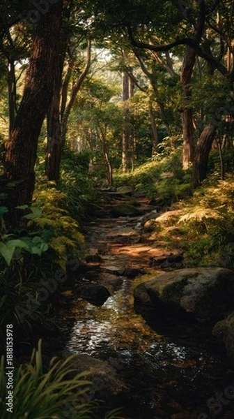 Obraz Tranquil Forest Stream Surrounded by Lush Greenery and Sunlight