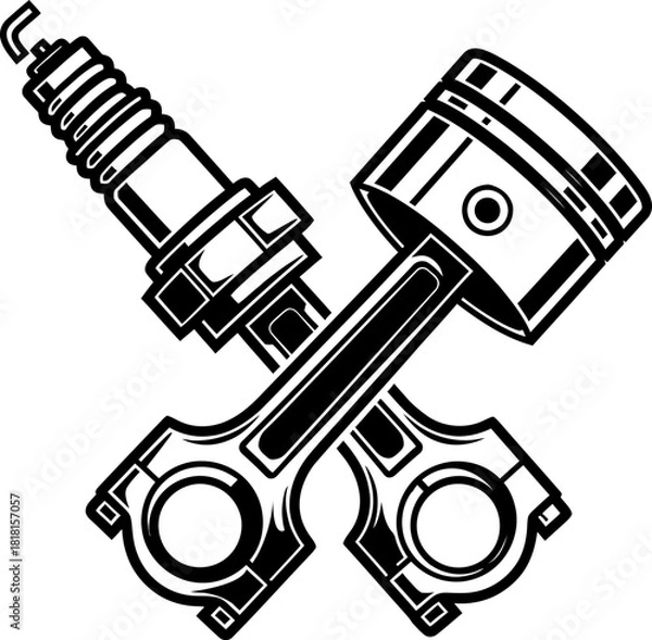 Obraz piston and spark plug vector hand drawn illustration design, Crossed Spark Plug and Engine Piston Vector Icon, crossed-spark-plug-and-piston-vector-automotive-icon.eps