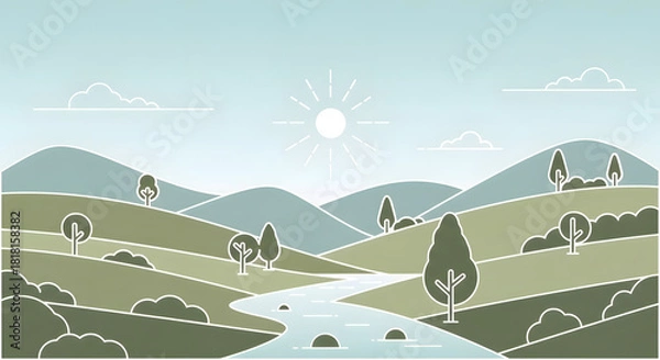Obraz Serene landscape illustration of rolling hills, sun, and river, perfect for a nature-themed website, calming mobile app background, or eco-friendly marketing campaign