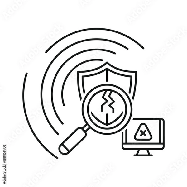 Fototapeta Cyber security audit and threat detection with magnifying glass and shield icon