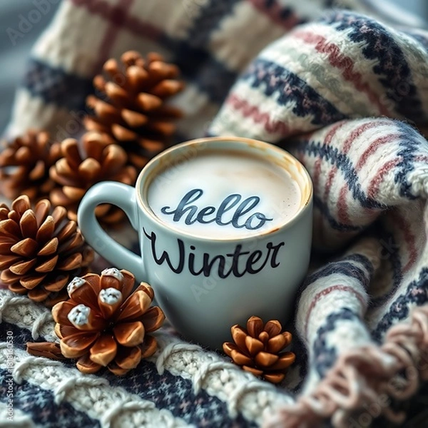 Fototapeta Hello Winter cozy coffee cup with pine cones and blanket for a warm seasonal scene
