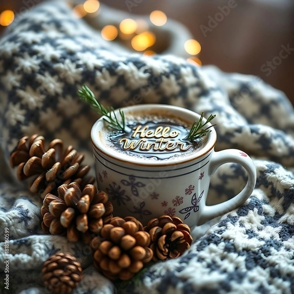 Fototapeta Hello Winter cozy coffee cup with pine cones and blanket for a warm seasonal scene