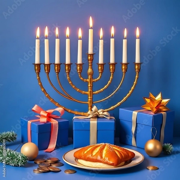 Obraz A golden menorah with lit candles sits beside blue gift boxes, a plate with a pastry, coins, and festive decor creating a warm Hanukkah mood on a blue wall