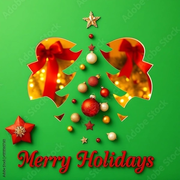 Fototapeta A green Christmas tree cutout opens to reveal colorful ornaments, capturing the festive mood of the season. Bright red and gold accents create a warm, cheerful greeting for the holidays