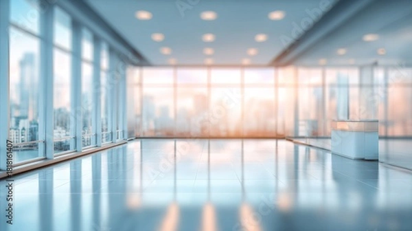 Fototapeta A light blurred background. The lobby of an office or medical facility with panoramic windows and a place for text. Medical. High quality