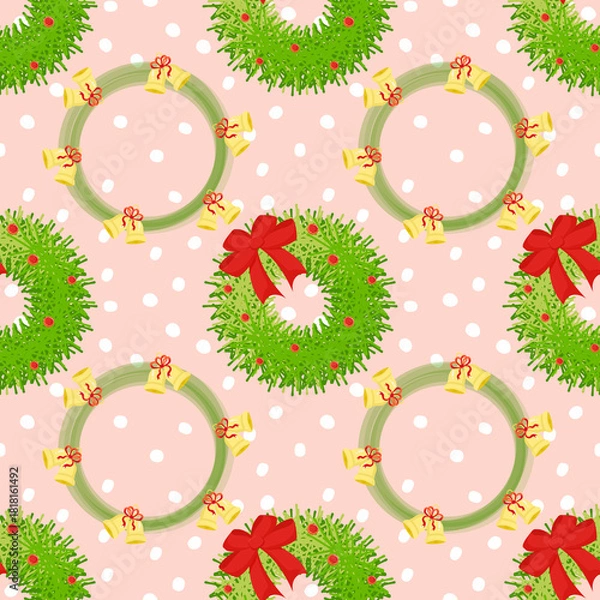 Fototapeta Repeating pattern of christmas wreath in two different  style with ribbons and snow on pink background.