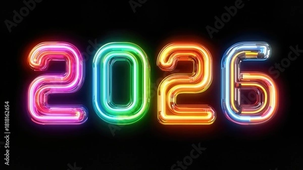 Obraz 3D Colorful 2026 Neon Number on Dark Background, Happy New Year Celebration Image.