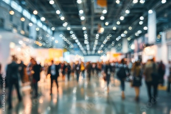 Fototapeta Background of an expo or convention with blurred individuals in an exposition hall. Concept image for a international exhibition, conference center, corporate marketing, or event fair. High quality