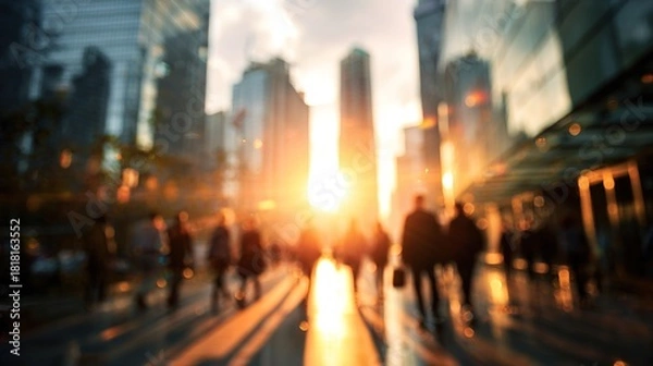 Fototapeta Blurred urban city street at golden sunset with lens flare and bokeh effect. Evening rush hour in business district with silhouettes of people walking and glass buildings. High quality