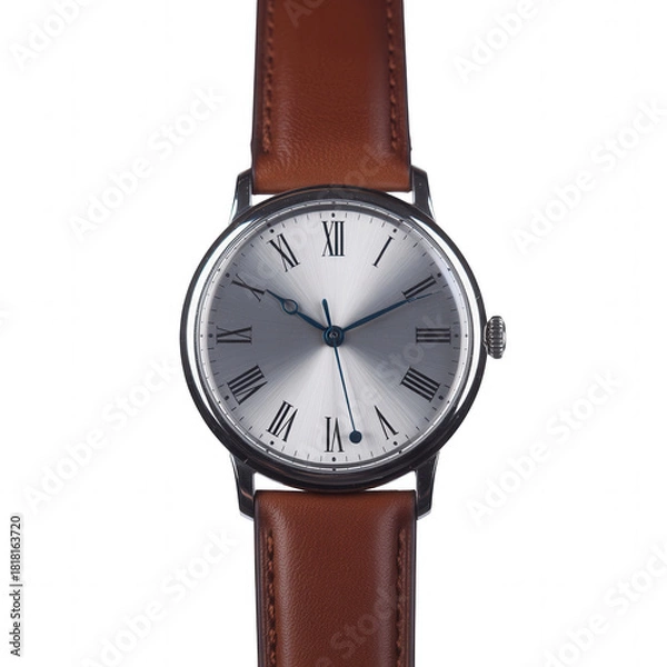 Obraz Elegant Silver Dial Watch with Brown Leather Strap on transparent background Black Background