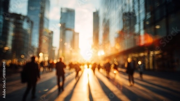 Fototapeta Blurred urban city street at golden sunset with lens flare and bokeh effect. Evening rush hour in business district with silhouettes of people walking and glass buildings. High quality
