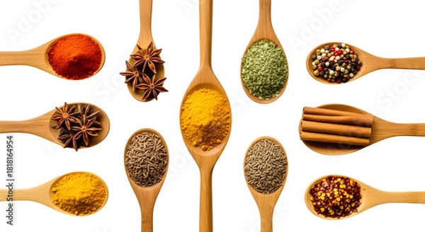 Obraz Assorted Spices in Wooden Spoons, isolated on transparent background
