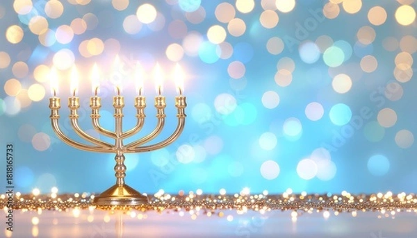 Fototapeta Festival of Lights: Lit Golden Menorah on Sparkling Surface with Soft Blue and Gold Hanukkah Bokeh Background.