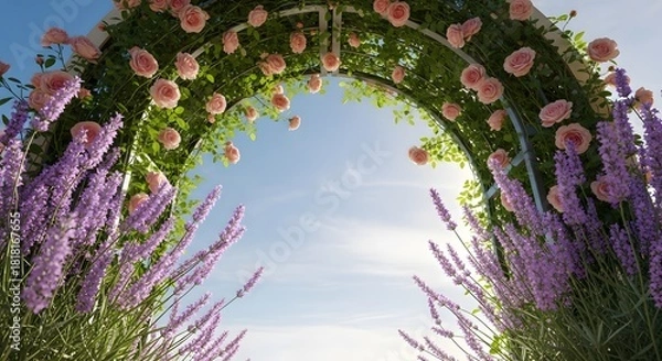 Fototapeta A beautiful floral archway adorned with pink roses and purple lavender flowers, set against a bright blue sky with gentle clouds