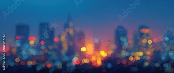 Fototapeta Blurred cityscape with buildings and lights at dusk or dawn in blue tones. High quality