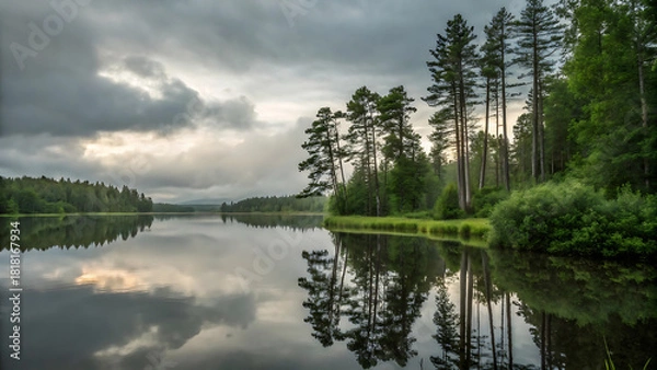 Fototapeta Calm lake reflection under dramatic cloudy sky