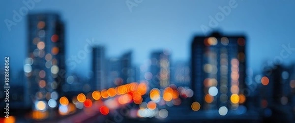 Fototapeta Blurred cityscape with buildings and lights at dusk or dawn in blue tones. High quality