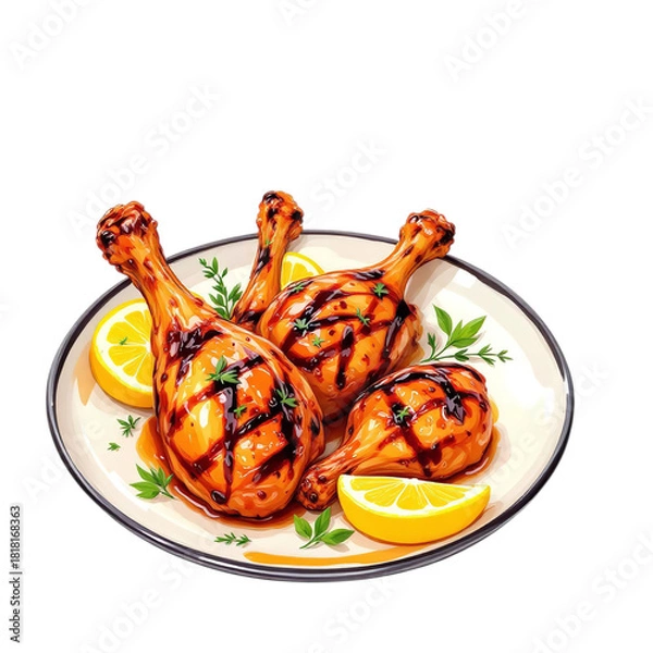 Obraz Grilled chicken drumsticks with barbecue glaze served on white plate with lemon wedges and herbs on white background