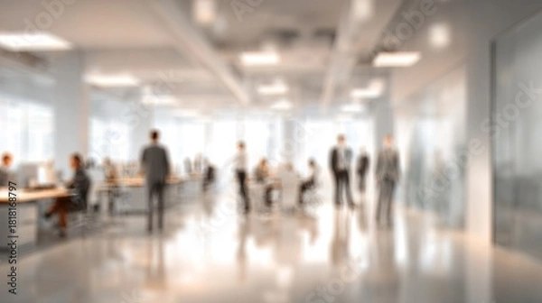 Fototapeta Blurred modern office interior with business people working A bannerstyle background with copy space perfect for business presentations and corporate designs. High quality