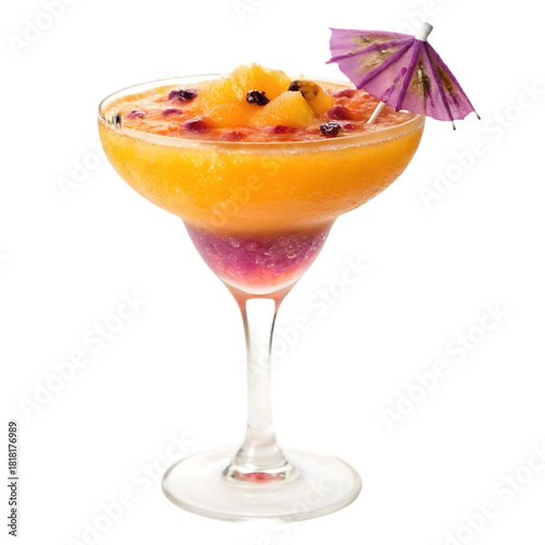 Fototapeta Frozen tropical cocktail with fruit topping and paper umbrella isolated on transparent background