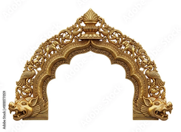 Obraz Gilded Ornate Arch With Sculpted Details, Traditional Indian Temple Carving For Cultural And Editorial Use