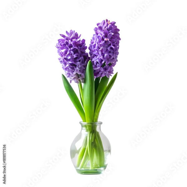 Obraz Two vibrant purple hyacinth flower spikes in a small glass vase isolated on transparent background
